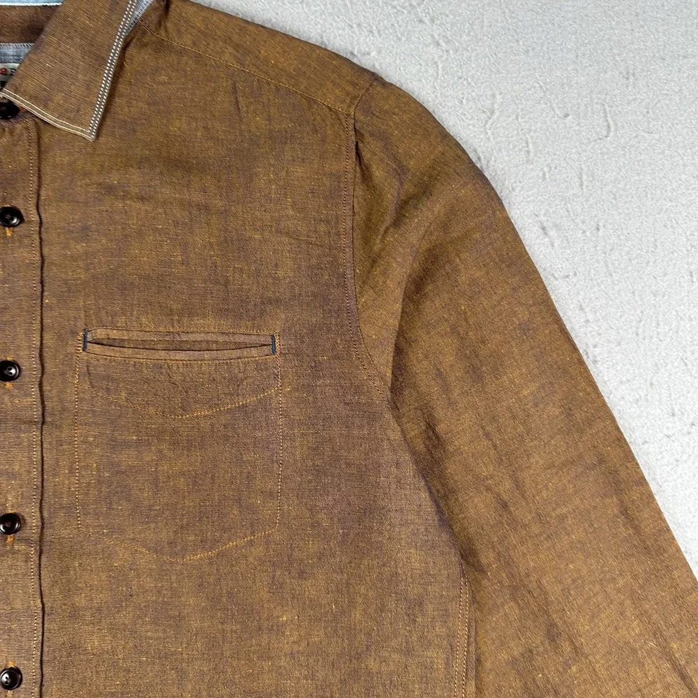 32 Bar Blue Button Up Shirt Men's Medium Metallic Copper Bronze Cotton Linen - Picture 3 of 16